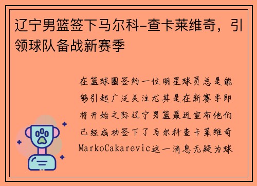 辽宁男篮签下马尔科-查卡莱维奇，引领球队备战新赛季