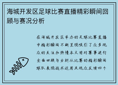 海城开发区足球比赛直播精彩瞬间回顾与赛况分析